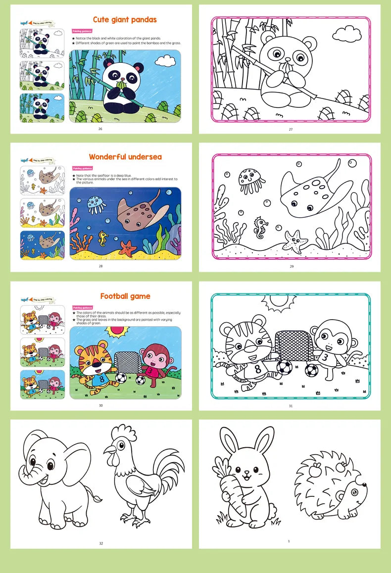 Animal Coloring Book Set panda, sea creatures and animal soccer scenes with extra animal outlines.