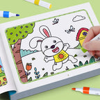Animal Coloring Book Set rabbit scene partly colored, with a hand adding green to the grass.