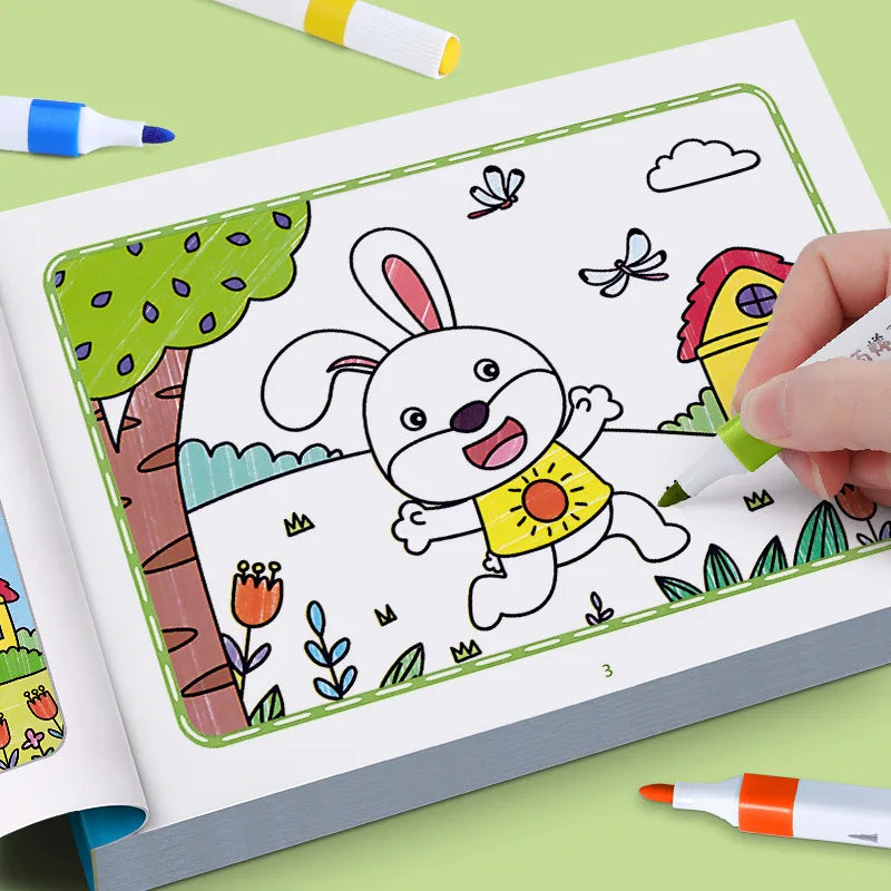 Animal Coloring Book Set rabbit scene partly colored, with a hand adding green to the grass.