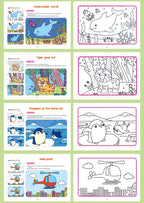 Animal Coloring Book Set sea life, tiger, penguin and helicopter examples with outline pages.