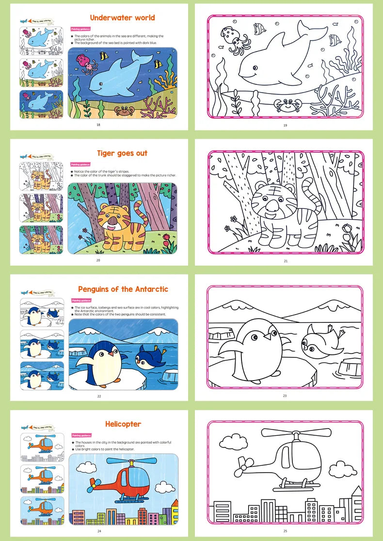Animal Coloring Book Set sea life, tiger, penguin and helicopter examples with outline pages.
