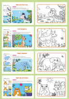 Animal Coloring Book Set zebra, kangaroo, elephant and bear examples beside matching outline pages.