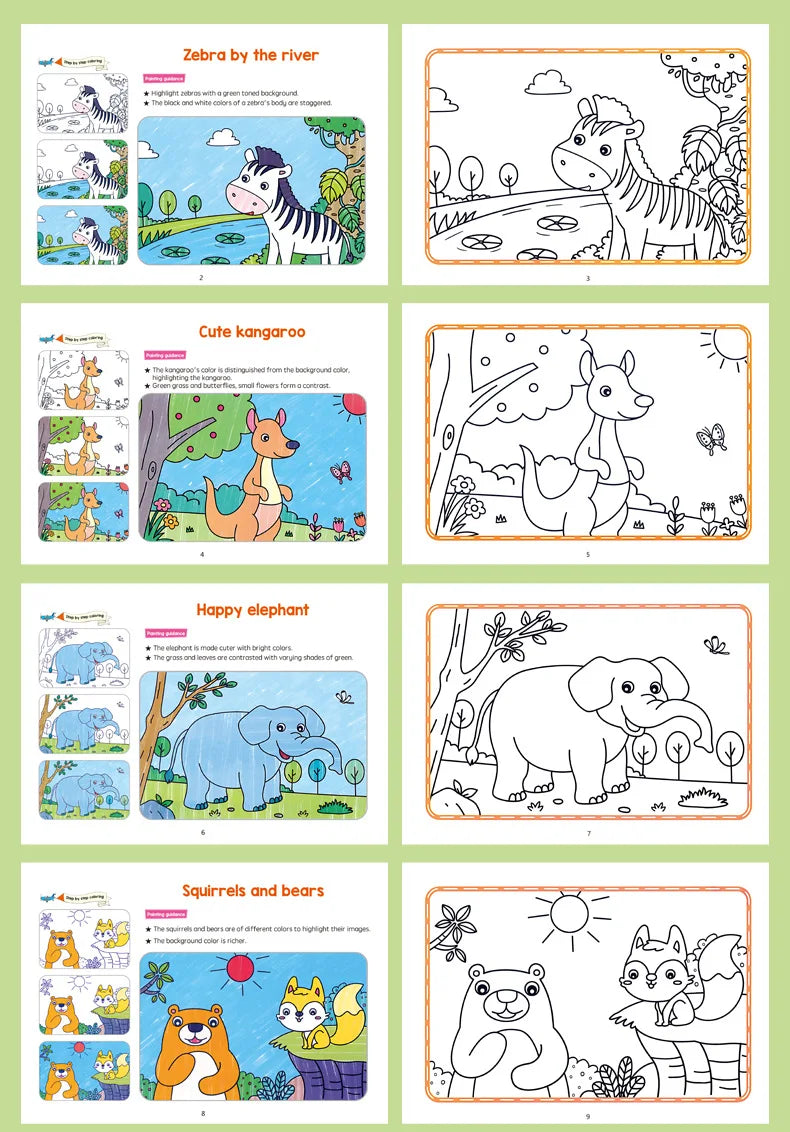 Animal Coloring Book Set zebra, kangaroo, elephant and bear examples beside matching outline pages.