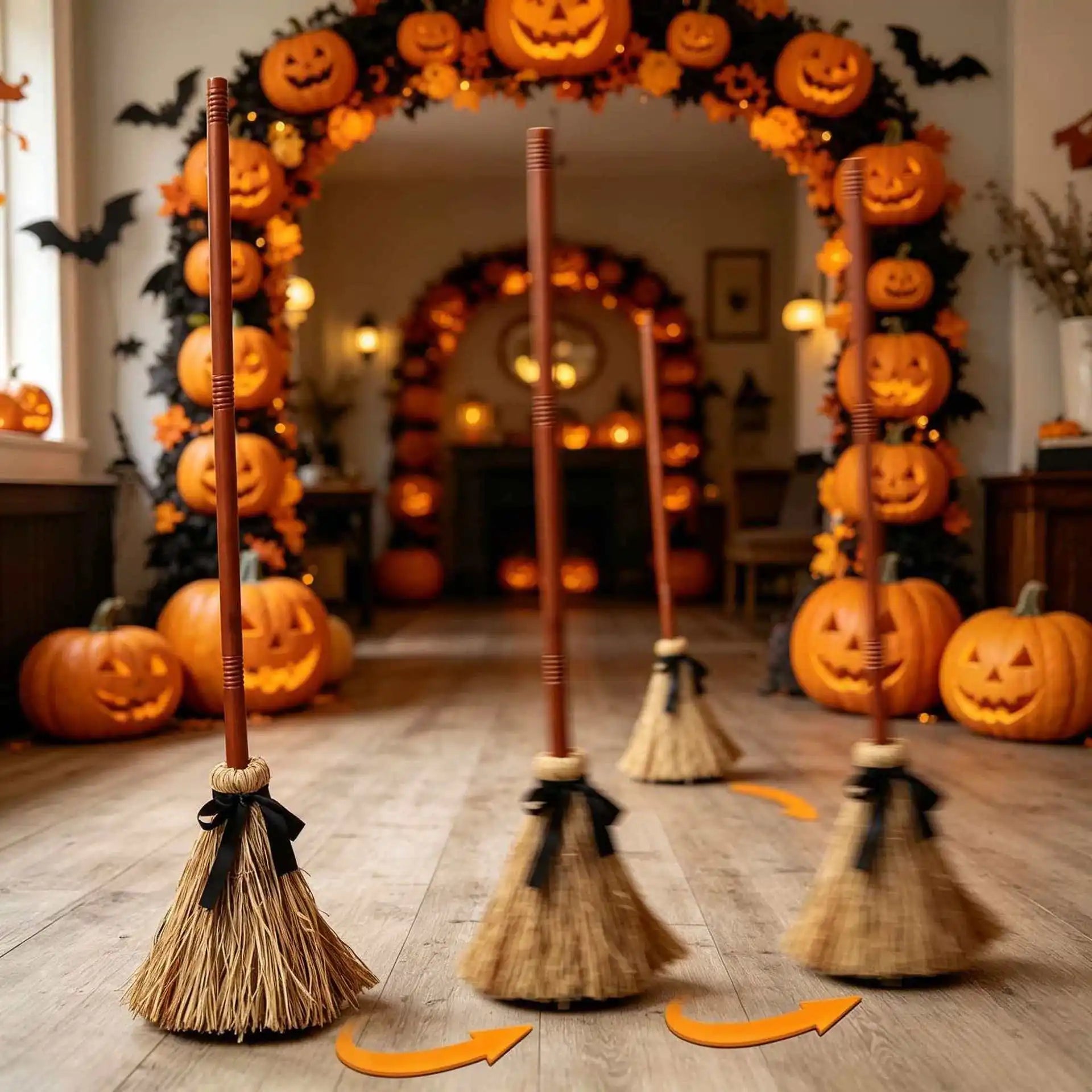 Classic Broom-1PC configuration shown in multiple moving positions across a decorated Halloween party room
