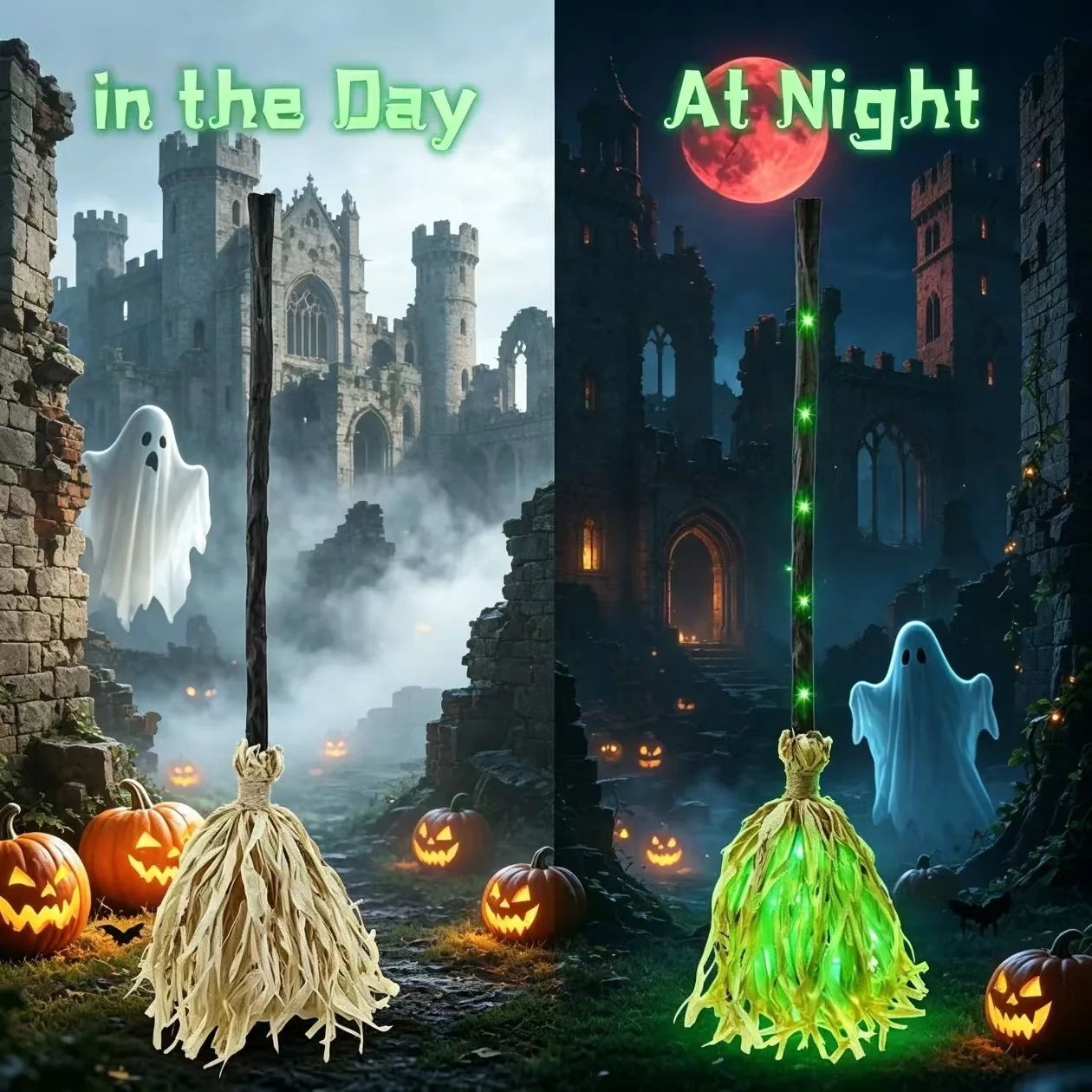 Animated Walking Witch Broom comparison showing its unlit daytime appearance and green LED glow at night