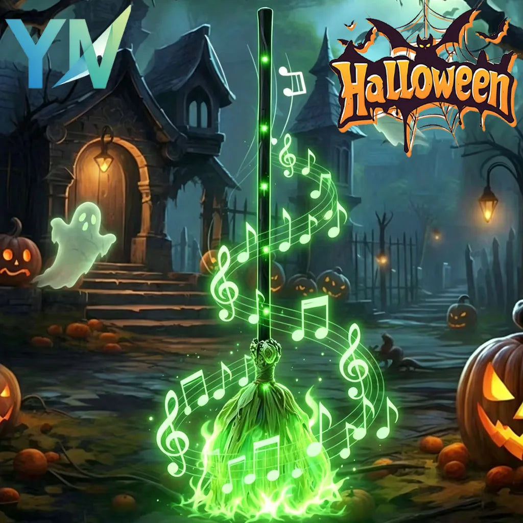 Animated Walking Witch Broom glowing green in a stylized Halloween scene with musical-note graphics