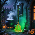 Animated Walking Witch Broom glowing green beside a smoking cauldron, pumpkins, and skull decorations