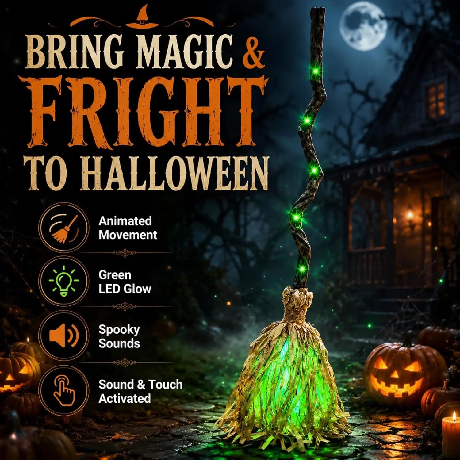Animated Walking Witch Broom in a Halloween setting with movement, green LED, sound, and touch feature callouts