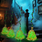 Animated Walking Witch Brooms glowing green and moving across the floor beside a foggy haunted staircase