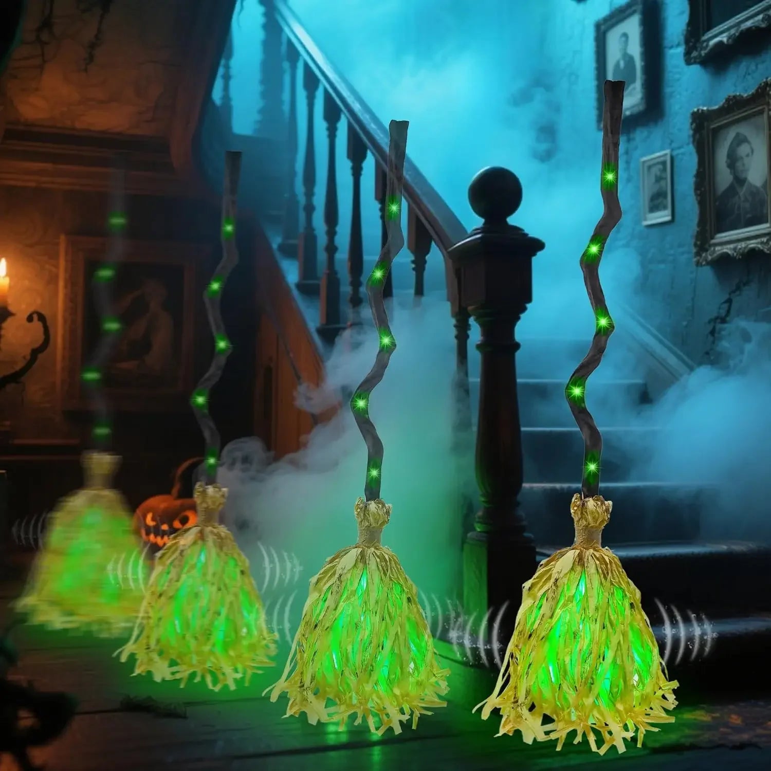 Animated Walking Witch Brooms glowing green and moving across the floor beside a foggy haunted staircase