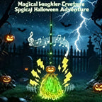 Stylized Halloween scene showing a glowing pumpkin-headed creature beneath a broom handle with garbled headline text