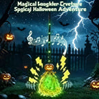 Stylized Halloween graphic showing a pumpkin-headed glowing creature beneath a broom handle and garbled headline text