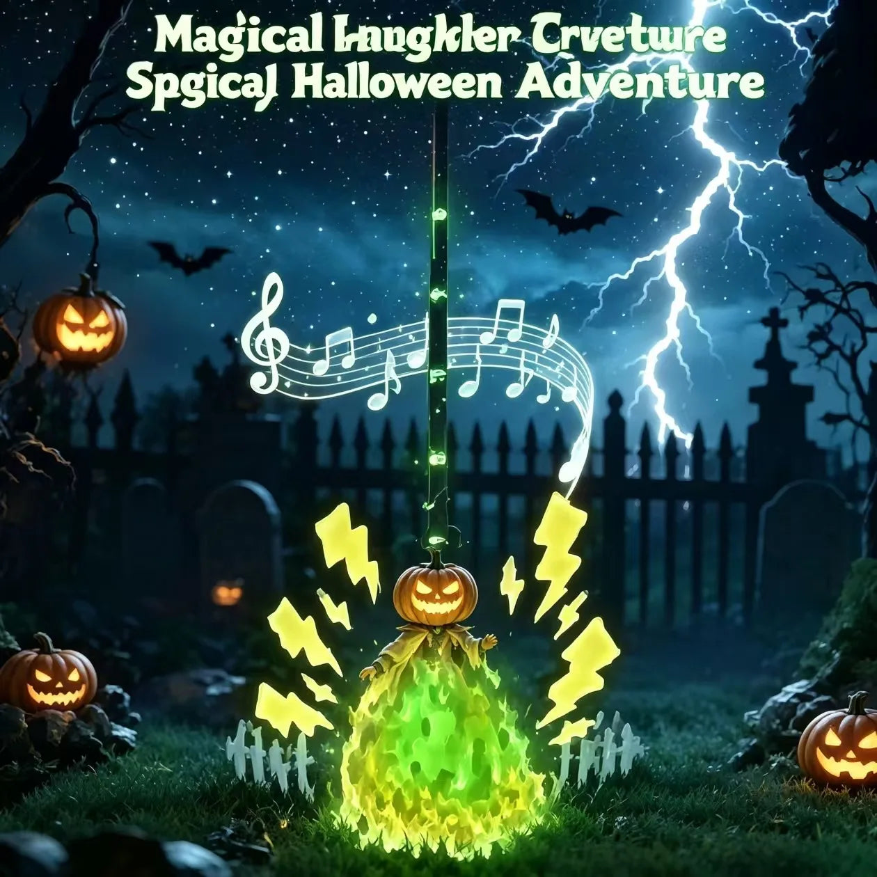 Stylized Halloween graphic showing a pumpkin-headed glowing creature beneath a broom handle and garbled headline text