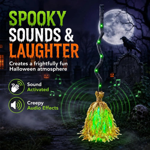 Animated Walking Witch Broom glowing green beside sound-activated and creepy-audio feature callouts