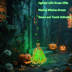 Animated Walking Witch Broom in a Halloween courtyard with green LED, movement, sound, and touch text
