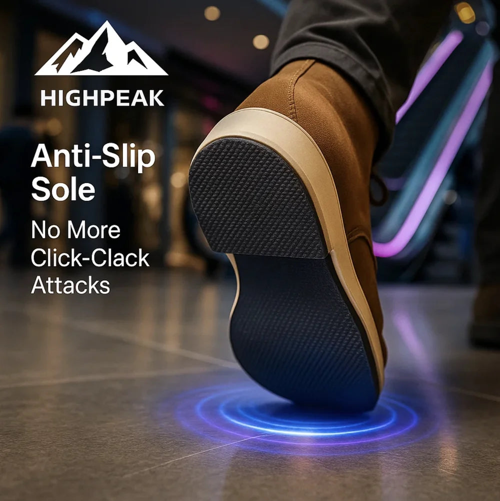 HighPeak Anti-Slip Sole on brown shoe with textured grip, preventing slips and noise on smooth floors in urban setting.