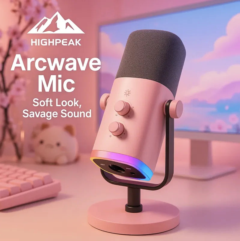HighPeak Arcwave Mic in pink with RGB lighting on a desk, featuring mute and gain dials for streaming and recording.