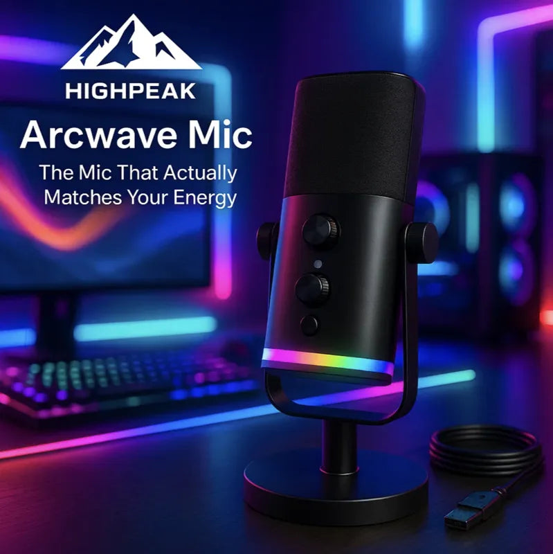 HighPeak Arcwave Mic in black with RGB lighting on a gaming desk setup showcasing USB connectivity and control dials
