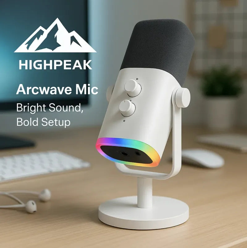 HighPeak Arcwave Mic in white with RGB lighting on a desk setup featuring mute and gain dials for streaming and podcasting.