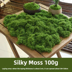 Artificial Decorative Moss spread on a wooden table beside two planters, with supplier weight and coverage guidance.