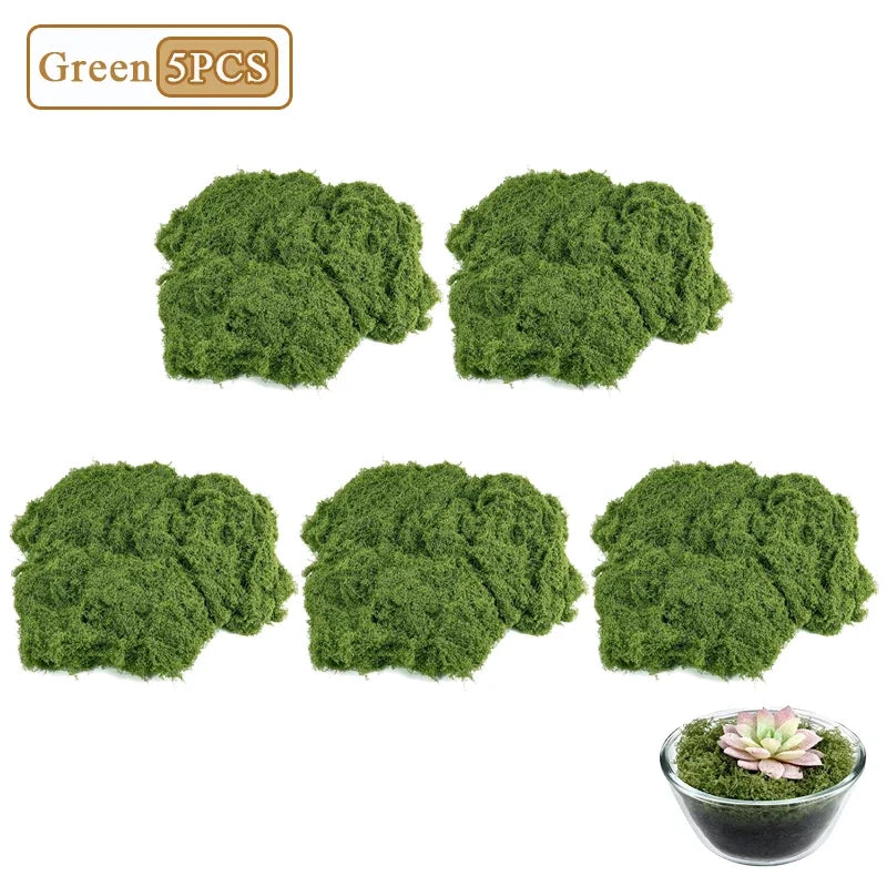 Artificial Decorative Moss 5-pack illustration showing five green moss portions and a small planter styling example.