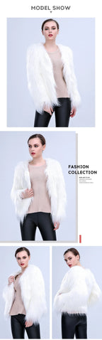 Aurora LED Faux-Fur Coat model collage showing front, side, and back views of the white coat