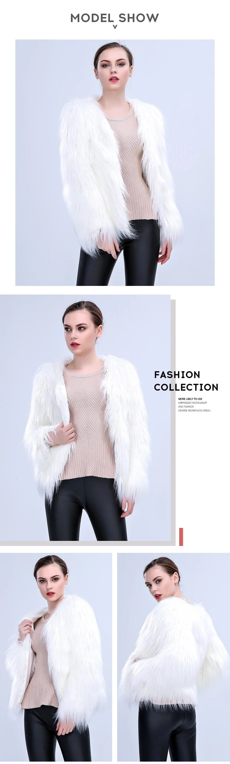 Aurora LED Faux-Fur Coat model collage showing front, side, and back views of the white coat