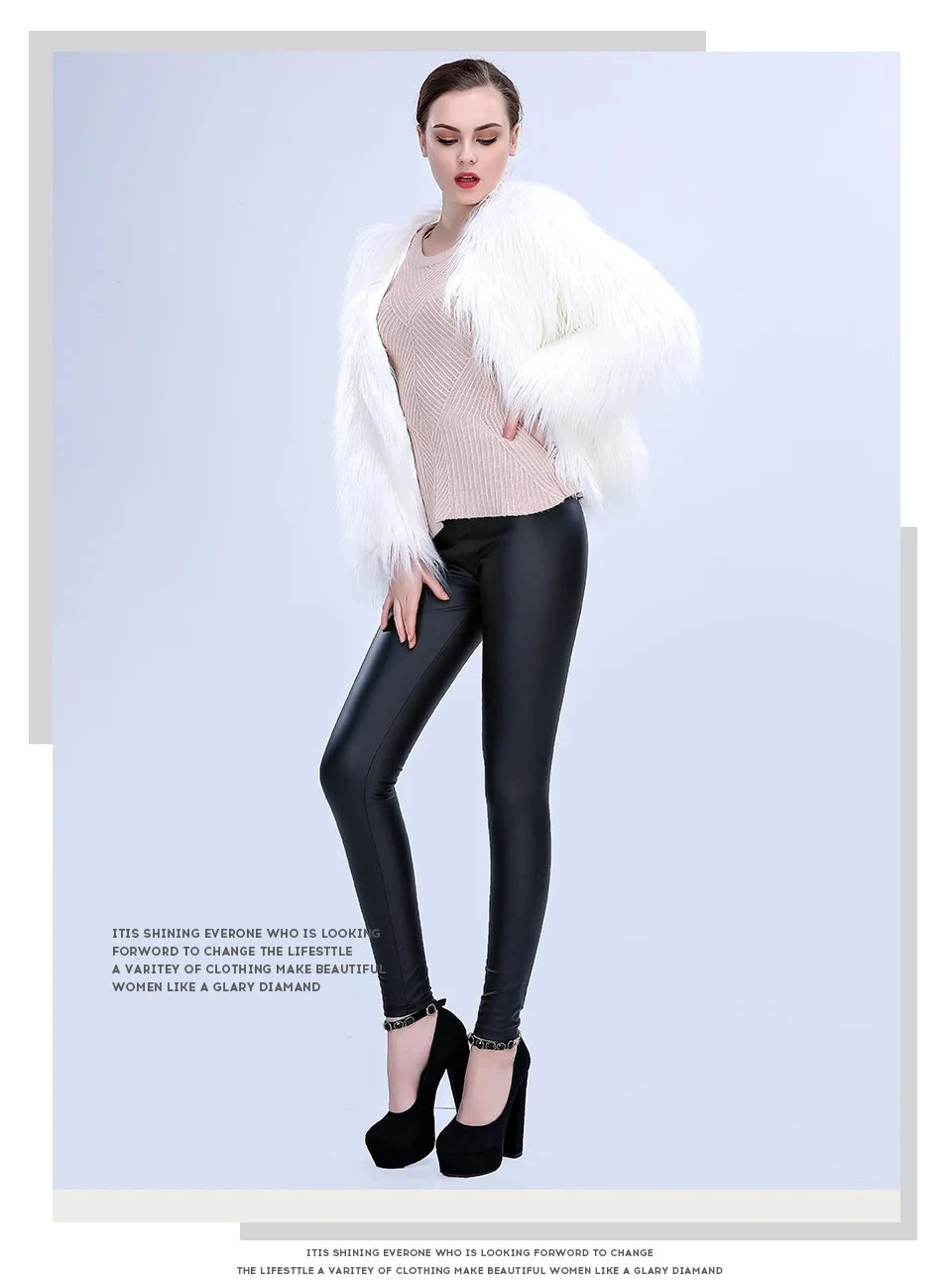Aurora LED Faux-Fur Coat full-body styling view showing the white faux fur with the lights switched off