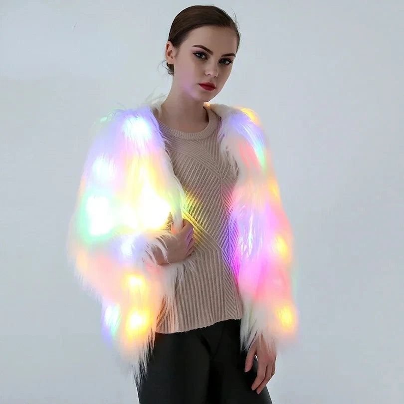 Aurora LED Faux-Fur Coat front view with vivid yellow, pink, blue, and green lights switched on