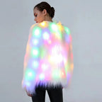 Aurora LED Faux-Fur Coat from the back with rainbow LEDs illuminated across the white faux fur