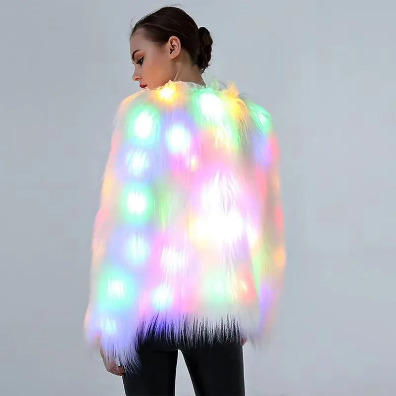 Aurora LED Faux-Fur Coat from the back with rainbow LEDs illuminated across the white faux fur