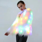 Aurora LED Faux-Fur Coat in a front three-quarter view with multicolor lights glowing through white fur