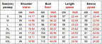 Aurora LED Faux-Fur Coat measurement chart listing shoulder, bust, length, and sleeve dimensions