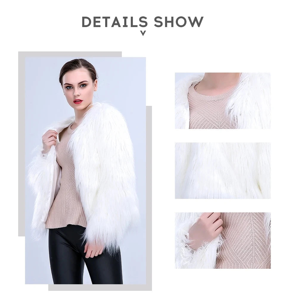 Aurora LED Faux-Fur Coat close-up collage highlighting its soft white faux-fur fibers and cuff finish