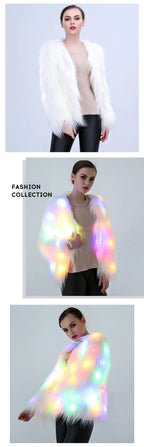 Aurora LED Faux-Fur Coat style overview showing white and illuminated front and angled model views