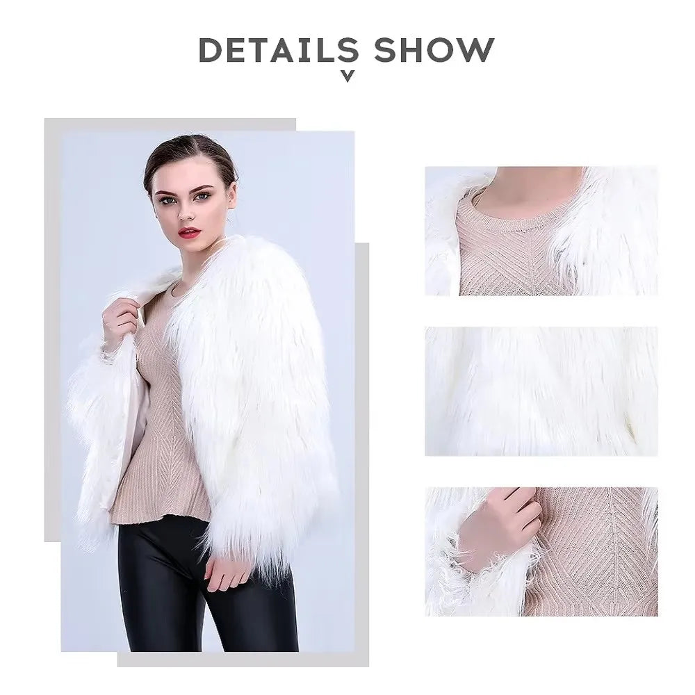 Aurora LED Faux-Fur Coat detail collage showing the fluffy faux-fur body, trim, and sleeve texture