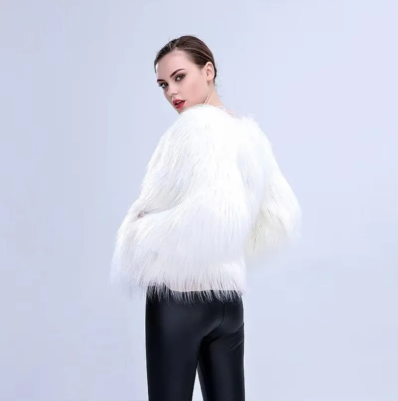 Aurora LED Faux-Fur Coat shown from the back with its full white faux-fur texture and sleeves visible