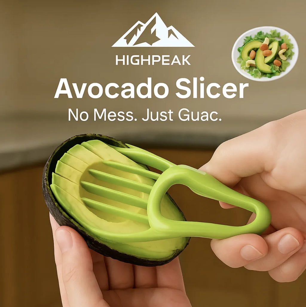 HighPeak Avocado Slicer in green slicing avocado in hand showcasing no mess and perfect guacamole prep.