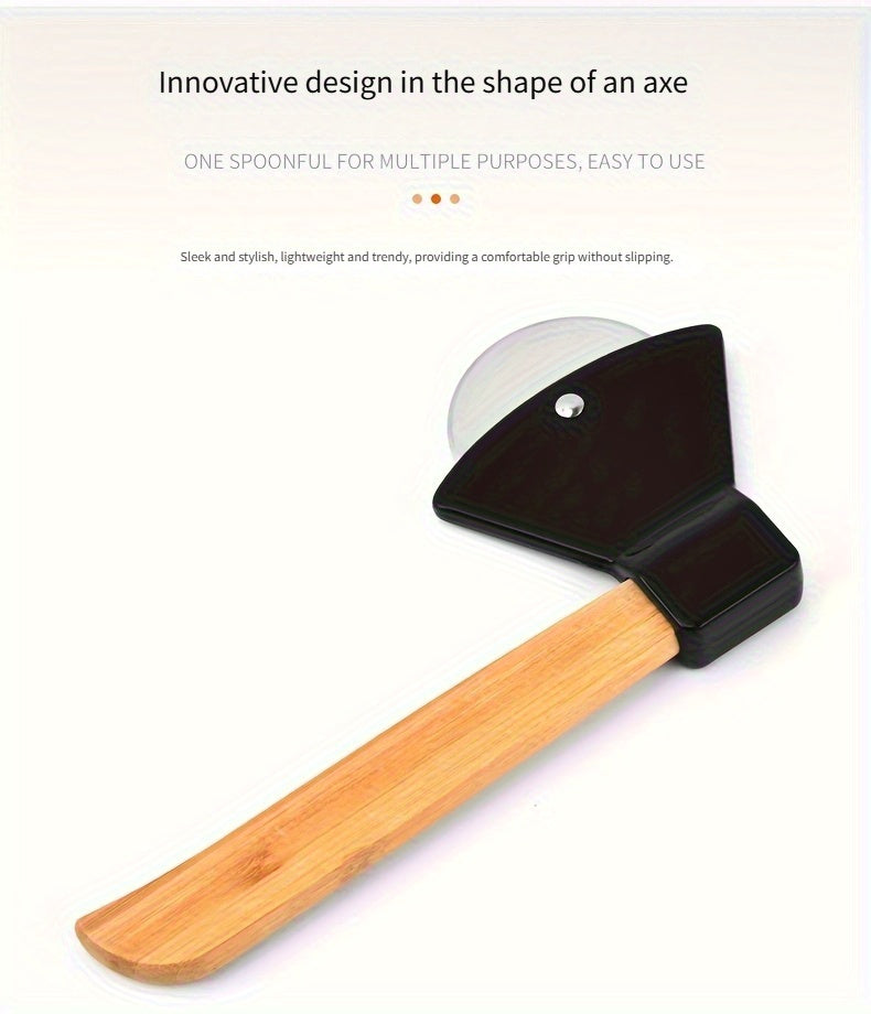 Axe Pizza Slice Cutter black axe-shaped design and long bamboo handle in a supplier graphic.