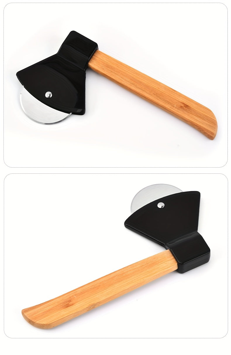 Axe Pizza Slice Cutter two panels showing opposite sides of the black cutter.