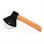 Axe Pizza Slice Cutter black cutter with a bamboo handle shown diagonally on a white background.