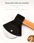 Axe Pizza Slice Cutter black circular cutting wheel and housing in a supplier feature graphic.