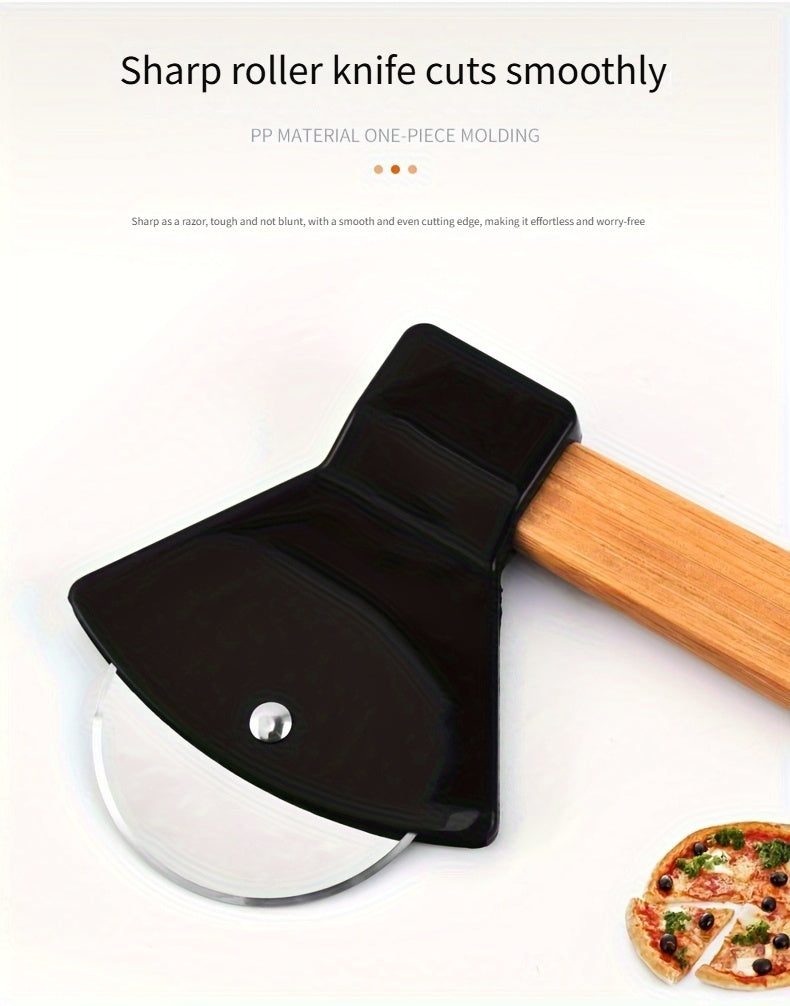 Axe Pizza Slice Cutter black circular cutting wheel and housing in a supplier feature graphic.