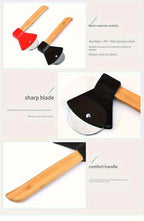 Axe Pizza Slice Cutter detail panels showing the materials, circular blade, and bamboo handle.