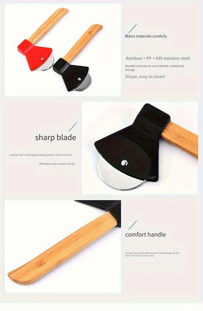 Axe Pizza Slice Cutter detail panels showing the materials, circular blade, and bamboo handle.