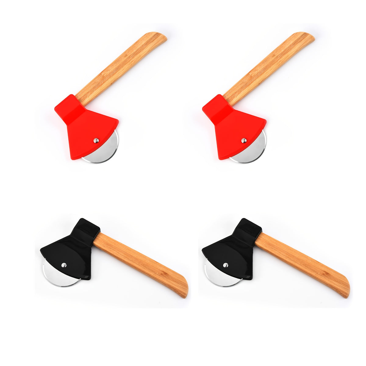 Axe Pizza Slice Cutter four-piece set with two red and two black cutters on a white background.