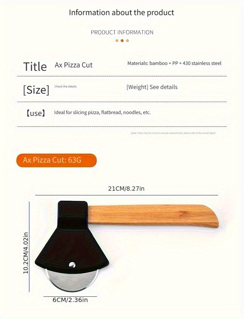 Axe Pizza Slice Cutter specifications graphic showing dimensions in centimeters and inches.