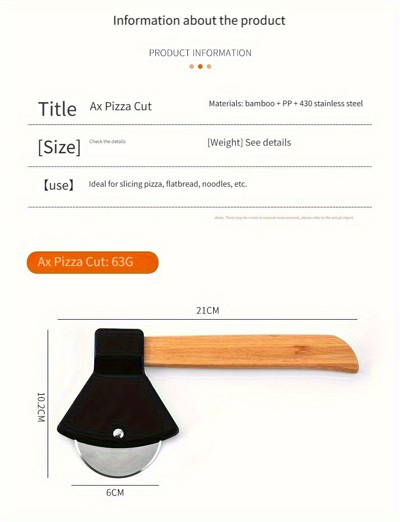 Axe Pizza Slice Cutter metric specifications graphic showing materials, weight, and dimensions.