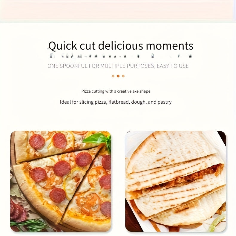 Axe Pizza Slice Cutter supplier use guide showing sliced pizza and folded flatbread.