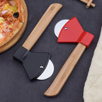 Axe Pizza Slice Cutter red and black cutters arranged in opposite directions beside a pizza.